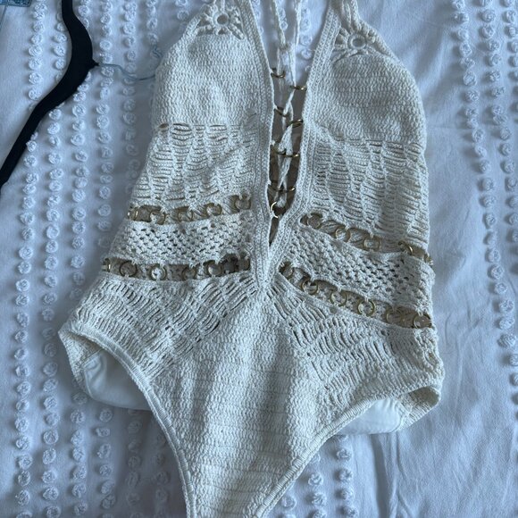 Jets One Piece Swimsuit Cotton Crochet Lace-Up Cut-out Ring Details Sz 6 - Picture 7 of 10